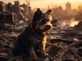 ai generado un perro sentado en el medio de un arruinado y abandonado ciudad. generativo ai foto