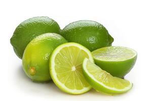 AI generated Green lime with cut in half and slices isolated on white background photo