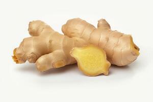 AI generated A Close-Up View of Ginger Rhizome, Expertly Sliced and Isolated on a Clean White Background photo
