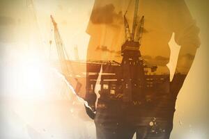 AI generated Celebrating Labor Day with a Double Exposure Image, Portraying a Worker Holding a Tool Against the Twilight Sky photo