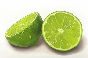 AI generated A Green Lime, Cut in Half and Displaying Slices, Takes Center Stage in Isolation Against a Clean White Background photo