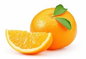 AI generated Orange with cut in half and green leaves isolated on white background photo