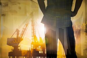 AI generated Worker holding tool with Twilight time on Labor Day ,double exposure photo