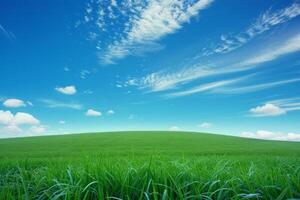 AI generated A Sweeping Landscape View Presents a Verdant Slope Blanketed in Vibrant Green Grass, Harmonizing with a Tranquil Blue Sky and Wispy Clouds photo