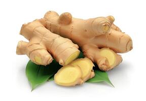 AI generated A Composition Featuring Fresh Ginger Rhizome with Expertly Sliced Pieces and Vibrant Green Leaves, Isolated on a Clean White Background photo