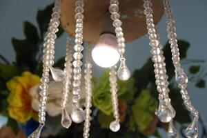 crystal chandelier with light bulbs on a background of flowers photo