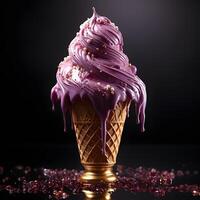 AI generated Purple Ice Cream with Gold Topping Isolated on Dark Background. Dripping and Melting Ice Cream. Generative Ai photo