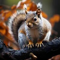 AI generated Gray Squirrel on Tree Branch. Generative Ai photo