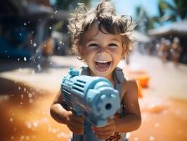 ai generado contento y alegre niño jugando agua pistola. generativo ai foto