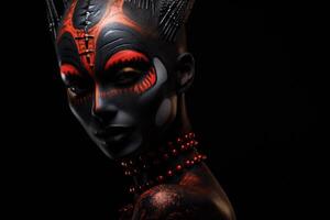 AI generated Art makeup in black and red colour for goth model. photo