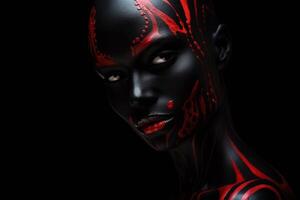 AI generated Art makeup in black and red colour for goth model. photo