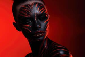 AI generated Art makeup in black and red colour for goth model. photo