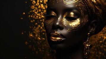 ai generado hermosa africano modelo con dorado maquillaje foto