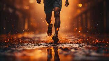 AI generated An Athlete Runs on a Track with Energetic Fire Effect Behind. Generative Ai photo