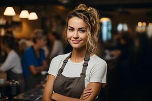 AI generated Portrait of Female Barista Smiling While Folding Hands in Coffee Shop. Woman Wearing Apron. Gerenative Ai photo