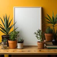 ai generado blanco foto marco Bosquejo en amarillo pared con planta decoración. vacío póster marco. generativo ai