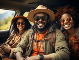 ai generado grupo de contento africano amigos de viaje por coche. generativo ai foto