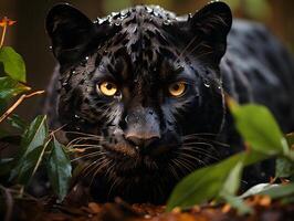 ai generado negro pantera tallos presa en el bosque. fauna silvestre fotografía. generativo ai foto