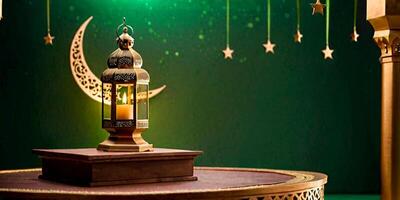 ai generado Ramadán kareem saludo - islámico musulmán fiesta antecedentes con eid linterna o lámpara, medio Luna con un estrella foto