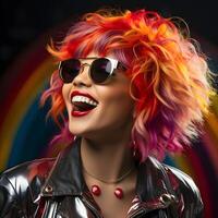 AI generated Smiling Asian Rockstar Woman with Colorful Curly Hair. Model Posing for Photo Shoot. Generative Ai