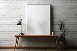 AI generated Blank White Poster Frame Mockup on the Wall. Empty Photo Frame. Generative Ai