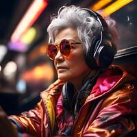AI generated Old Woman with Short Messy Hairstyle, Listening to Music. Colorful Art Illustration. Generative Ai photo