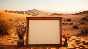 AI generated Empty Wooden Photo Frame in the Desert. Blank Picture Frame Mockup. Generative Ai