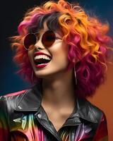 AI generated Smiling Asian Rockstar Woman with Colorful Curly Hair. Model Posing for Photo Shoot. Generative Ai