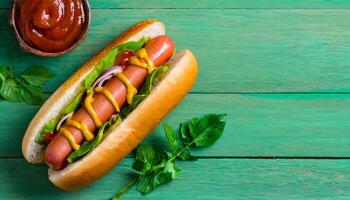 AI generated tasty hot dog on the green wood table photo