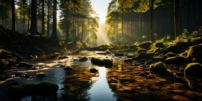 ai generado un tranquilo río en el medio de el bosque con penetrante luz de sol. generativo ai foto