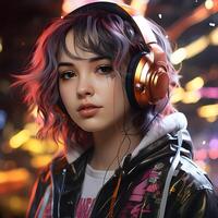 AI generated Cute Woman with Short Messy Hairstyle, Listening to Music. Colorful Art Illustration. Generative Ai photo