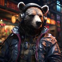AI generated Cyberpunk Bear Wearing Jacket and Headphones. Cool Bear Illustration. Generative Ai photo