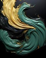 AI generated Luxury Abstract Paint Fluid Background in Green, Black and Gold. Art Paint Pattern Ink Texture. Generative Ai photo