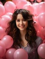 AI generated Portrait of Young and Cute Woman with Pink Balloons in the Background. Generative Ai photo