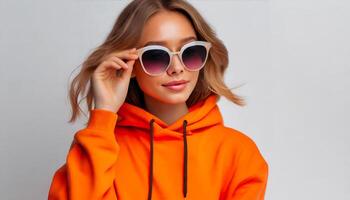 ai generado joven niña con Gafas de sol en naranja color foto
