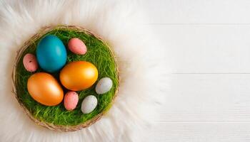AI generated Easter colorful eggs on the green surface on the white background with copy space photo