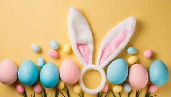 AI generated easter bunner with eggs on the yellow background with copy space photo