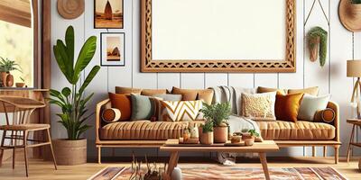 Stylish scandinavian living room with design mint sofa, furnitures, mock up poster map, plants and elegant personal accessories. Modern home decor. Bright and sunny room. Generative AI illustration. photo