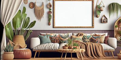 Stylish scandinavian living room with design mint sofa, furnitures, mock up poster map, plants and elegant personal accessories. Modern home decor. Bright and sunny room. Generative AI illustration. photo