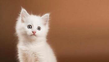 ai generado pequeño linda blanco gatito en el calentar marrón bandera antecedentes foto