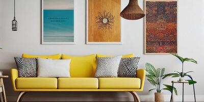 Stylish scandinavian living room with design mint sofa, furnitures, mock up poster map, plants and elegant personal accessories. Modern home decor. Bright and sunny room. Generative AI illustration. photo