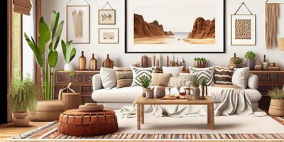 Stylish scandinavian living room with design mint sofa, furnitures, mock up poster map, plants and elegant personal accessories. Modern home decor. Bright and sunny room. Generative AI illustration. photo