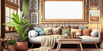 Stylish scandinavian living room with design mint sofa, furnitures, mock up poster map, plants and elegant personal accessories. Modern home decor. Bright and sunny room. Generative AI illustration. photo