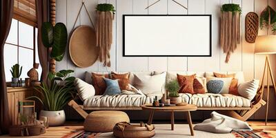 elegante escandinavo vivo habitación con diseño menta sofá, muebles, burlarse de arriba póster mapa, plantas y elegante personal accesorios. moderno hogar decoración. brillante y soleado habitación. generativo ai ilustración. foto