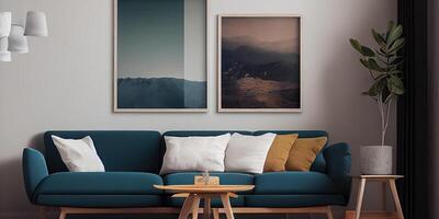 Stylish scandinavian living room with design mint sofa, furnitures, mock up poster map, plants and elegant personal accessories. Modern home decor. Bright and sunny room. Generative AI illustration. photo