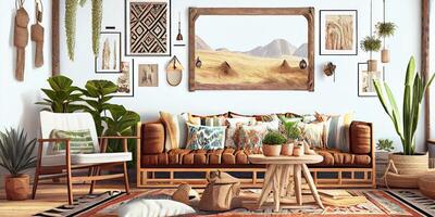 Stylish scandinavian living room with design mint sofa, furnitures, mock up poster map, plants and elegant personal accessories. Modern home decor. Bright and sunny room. Generative AI illustration. photo