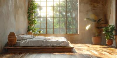 AI Generated Bright and cozy modern bedroom with wooden large bed. smoothing morning light with modern decoration. 3d render photo
