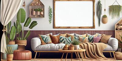 Stylish scandinavian living room with design mint sofa, furnitures, mock up poster map, plants and elegant personal accessories. Modern home decor. Bright and sunny room. Generative AI illustration. photo