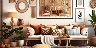 Stylish scandinavian living room with design mint sofa, furnitures, mock up poster map, plants and elegant personal accessories. Modern home decor. Bright and sunny room. Generative AI illustration. photo