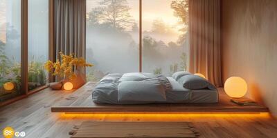 AI Generated Bright and cozy modern bedroom with wooden large bed. smoothing morning light with modern decoration. 3d render photo